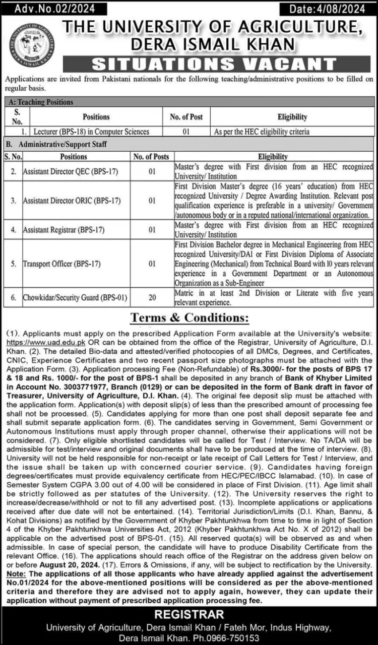 Various jobs in Agriculture University Dera Ismail Khan